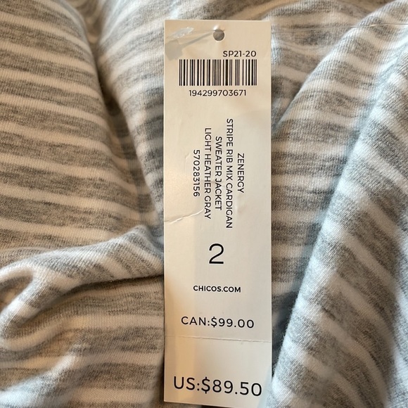 NWT Chico’s Zenergy Stripe Rib Mix Cardigan SZ L Heather Gray Soft and Stretchy - Picture 13 of 13